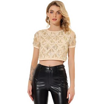 Women's Metallic Pattern Short Sleeves Party Crop T-shirt