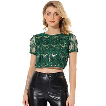 Women's Metallic Pattern Short Sleeves Party Crop T-shirt