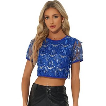 Women's Metallic Pattern Short Sleeves Party Crop T-shirt