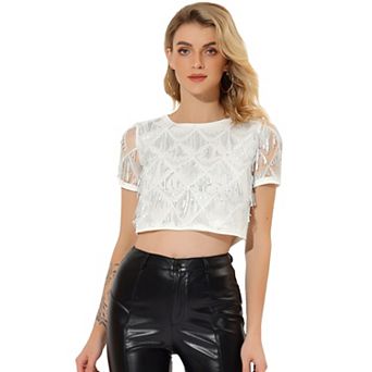 Women's Metallic Pattern Short Sleeves Party Crop T-shirt