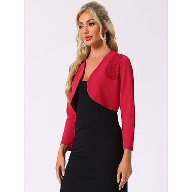 Women's Elegant Crop Cardigan Long Sleeve Floral Lace Panel Knit Shrug Tops