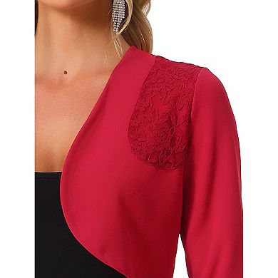 Women's Elegant Crop Cardigan Long Sleeve Floral Lace Panel Knit Shrug Tops