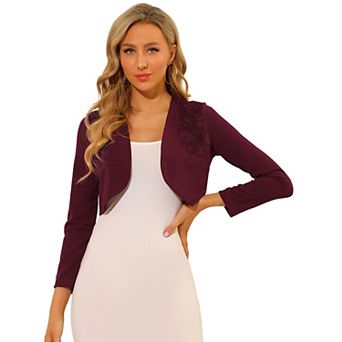 Women's Elegant Crop Cardigan Long Sleeve Floral Lace Panel Knit Shrug Tops