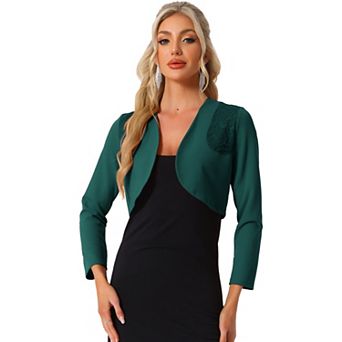 Women's Elegant Crop Cardigan Long Sleeve Floral Lace Panel Knit Shrug Tops