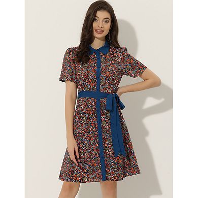 Women's Contrast Collar Short Sleeve Belt Shirt Dresses