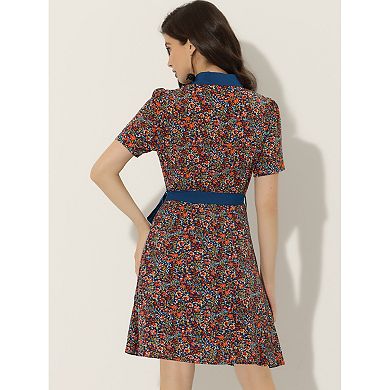 Women's Contrast Collar Short Sleeve Belt Shirt Dresses