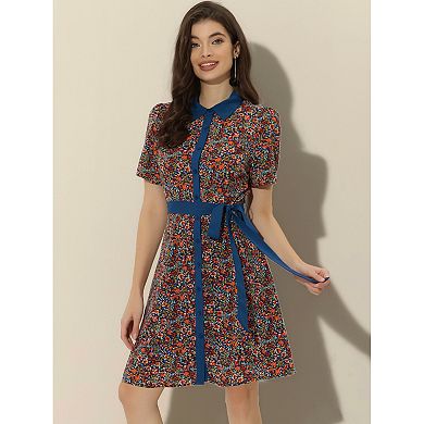 Women's Contrast Collar Short Sleeve Belt Shirt Dresses