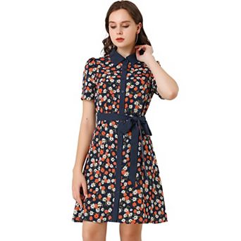 Women's Contrast Collar Short Sleeve Belt Shirt Dresses