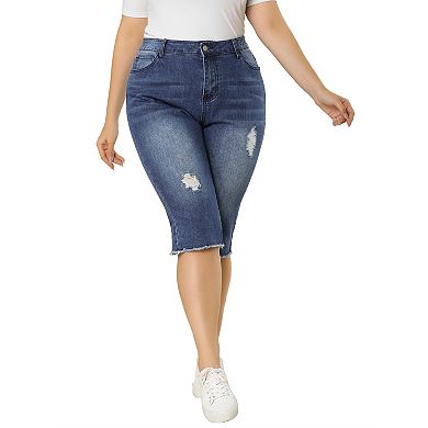 Women's Plus Size Capri Ripped Slash Pocket Denim Jean Legging