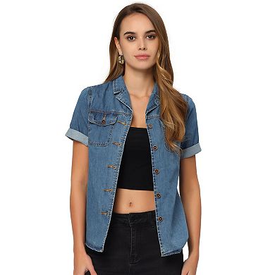Women's Denim Jacket Collared Short Sleeve Chest Pocket Button Up Shirt