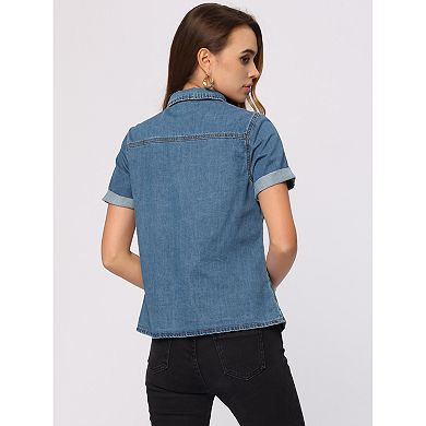 Women's Denim Jacket Collared Short Sleeve Chest Pocket Button Up Shirt