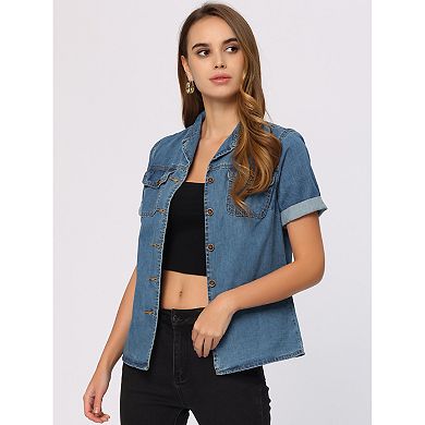 Women's Denim Jacket Collared Short Sleeve Chest Pocket Button Up Shirt