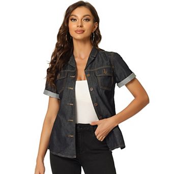 Women's Denim Jacket Collared Short Sleeve Chest Pocket Button Up Shirt