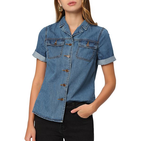 Pocketed Button Up Short Sleeve Denim Shirt