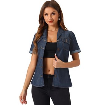 Women's Denim Jacket Collared Short Sleeve Chest Pocket Button Up Shirt