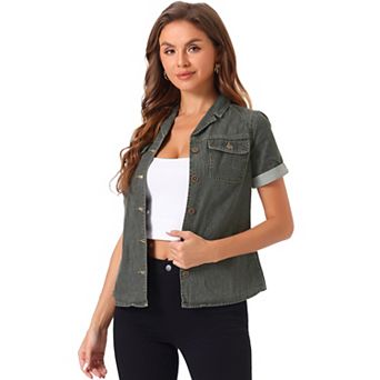 Women's Denim Jacket Collared Short Sleeve Chest Pocket Button Up Shirt