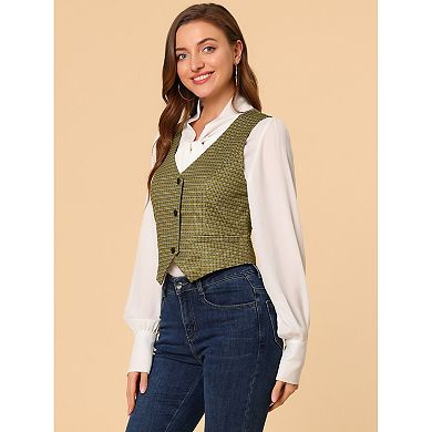Women's V Neck Cinched Waist Button Asymmetric Stretchy Plaid Sleeveless Jacket