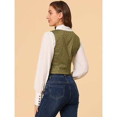 Women's V Neck Cinched Waist Button Asymmetric Stretchy Plaid Sleeveless Jacket