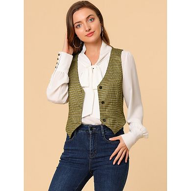 Women's V Neck Cinched Waist Button Asymmetric Stretchy Plaid Sleeveless Jacket