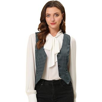 Women's V Neck Cinched Waist Button Asymmetric Stretchy Plaid Sleeveless Jacket