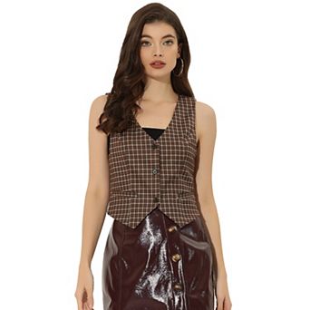 Women's V Neck Cinched Waist Button Asymmetric Stretchy Plaid Sleeveless Jacket