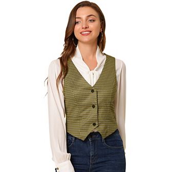Women's V Neck Cinched Waist Button Asymmetric Stretchy Plaid Sleeveless Jacket