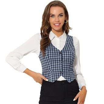 Women's V Neck Cinched Waist Button Asymmetric Stretchy Plaid Sleeveless Jacket