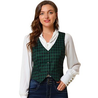 Women's V Neck Cinched Waist Button Asymmetric Stretchy Plaid Sleeveless Jacket