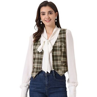 Women's V Neck Cinched Waist Button Asymmetric Stretchy Plaid Sleeveless Jacket