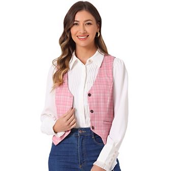 Women's V Neck Cinched Waist Button Asymmetric Stretchy Plaid Sleeveless Jacket