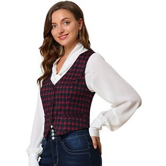 Women's V Neck Cinched Waist Button Asymmetric Stretchy Plaid Sleeveless Jacket