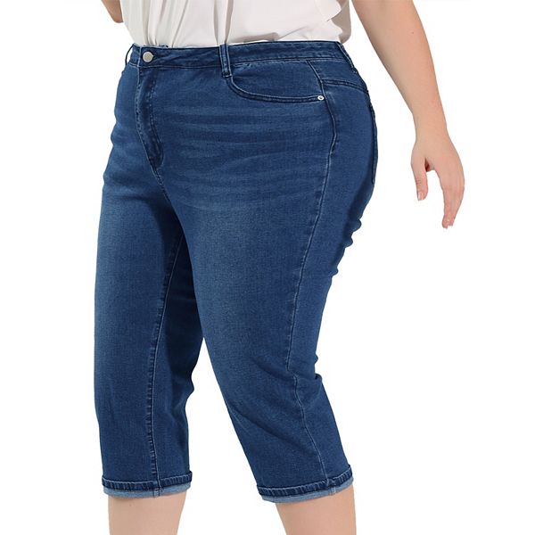 Women's Plus Jeans Zipper Back Yoke Stretch Roll Up Cuff Denim Pants