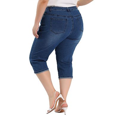 Women's Plus Jeans Zipper Back Yoke Stretch Roll Up Cuff Denim Pants
