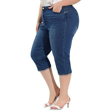 Women's Plus Jeans Zipper Back Yoke Stretch Roll Up Cuff Denim Pants