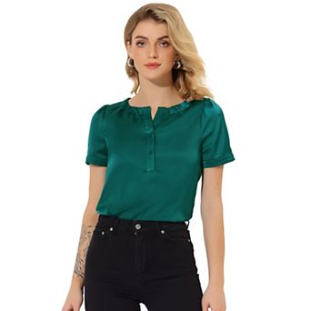 Women's Casual Henley Shirts Pleated Round Neck Puffy Sleeve Blouse Top