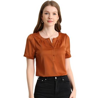 Women's Casual Henley Shirts Pleated Round Neck Puffy Sleeve Blouse Top