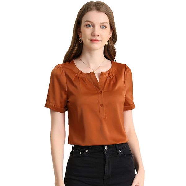 Women's Casual Henley Shirts Pleated Round Neck Puffy Sleeve Blouse Top