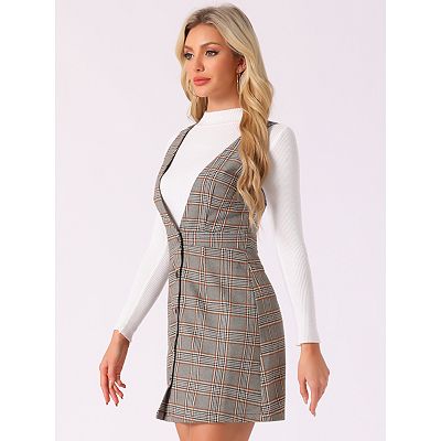 Women s Overall Suspender Check Houndstooth Pinafore Dress