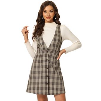 Women's Overall Suspender Check Houndstooth Pinafore Dress