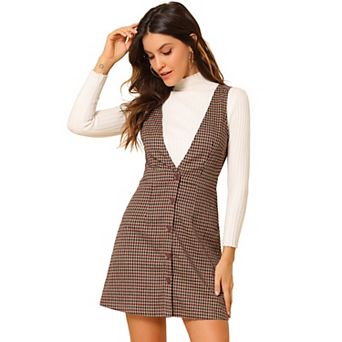 Women's Overall Suspender Check Houndstooth Pinafore Dress