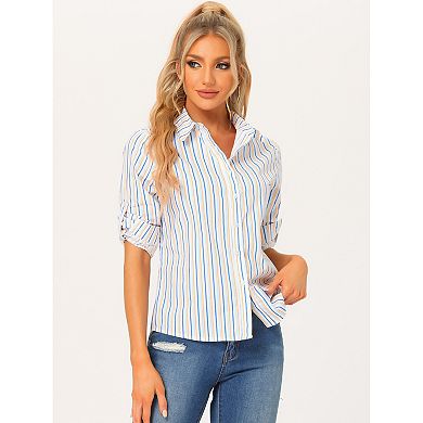 Women's Button Down Roll-up Long Sleeves Lapel Collar Shirts