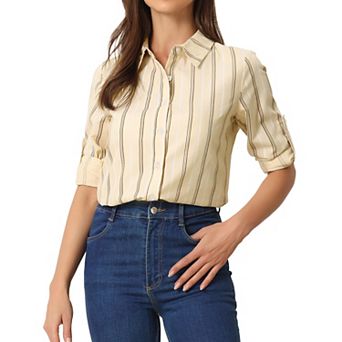 Women's Button Down Roll-up Long Sleeves Lapel Collar Shirts