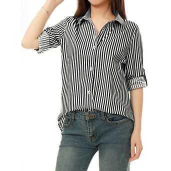 Women's Button Down Roll-up Long Sleeves Lapel Collar Shirts
