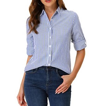 Women's Button Down Roll-up Long Sleeves Lapel Collar Shirts