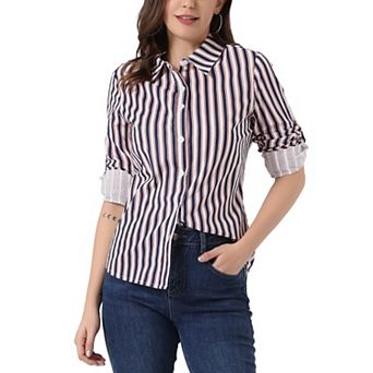 Women's Button Down Roll-up Long Sleeves Lapel Collar Shirts