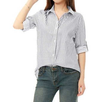 Women's Button Down Roll-up Long Sleeves Lapel Collar Shirts
