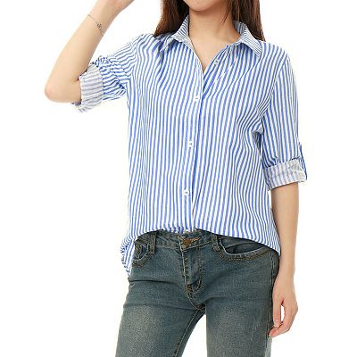Striped Button Down Roll-up Long Sleeve Point Collar Shirt, Light Blue / XL