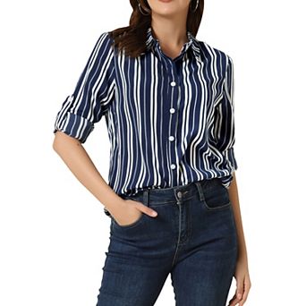 Women's Button Down Roll-up Long Sleeves Lapel Collar Shirts