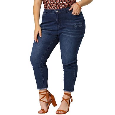 Women's Plus Denim Pants Frayed Washed Ankle Jeans with Slash Pockets