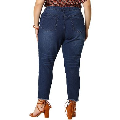 Women's Plus Denim Pants Frayed Washed Ankle Jeans with Slash Pockets